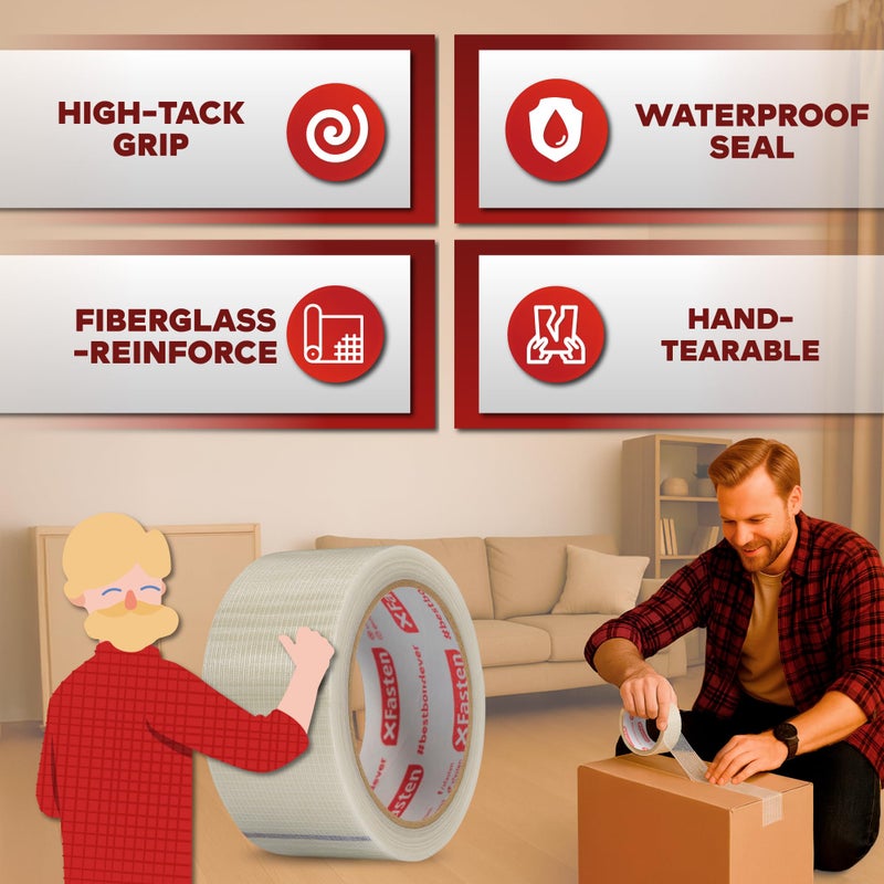 XFasten Clear Duct Tape, 2-Inches x 30 Yards, Easy to Tear Cotton Textile Tape for Commercial Use, Heavy-Duty Repair, Packing, and No Show Outdoor Repair- Residue-Free Hand Tearable Clear Duct Tape - Image 2